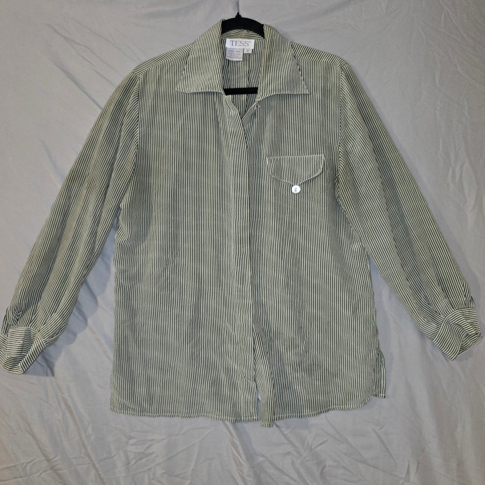 TESS Silk Button Up Shirt Size M Womens Olive Green White Striped Long Sleeve